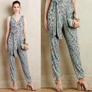 Anthropologie Antilles Jumpsuit Paisley Print Waist Tie Surplice Faux Wrap S NWT